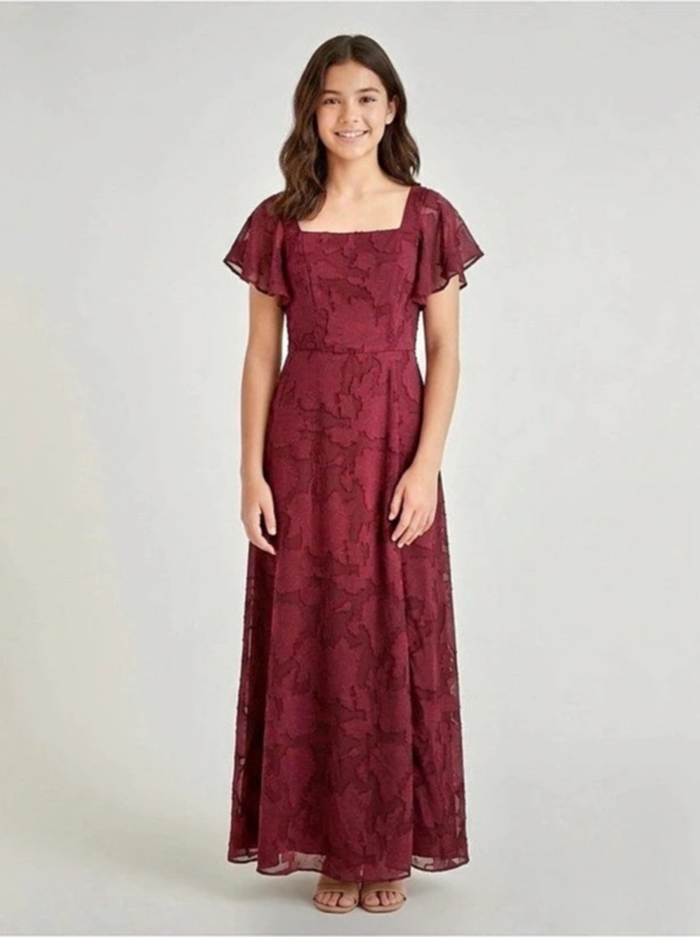 Burgundy Floral Burnout Bridesmaid Dress
